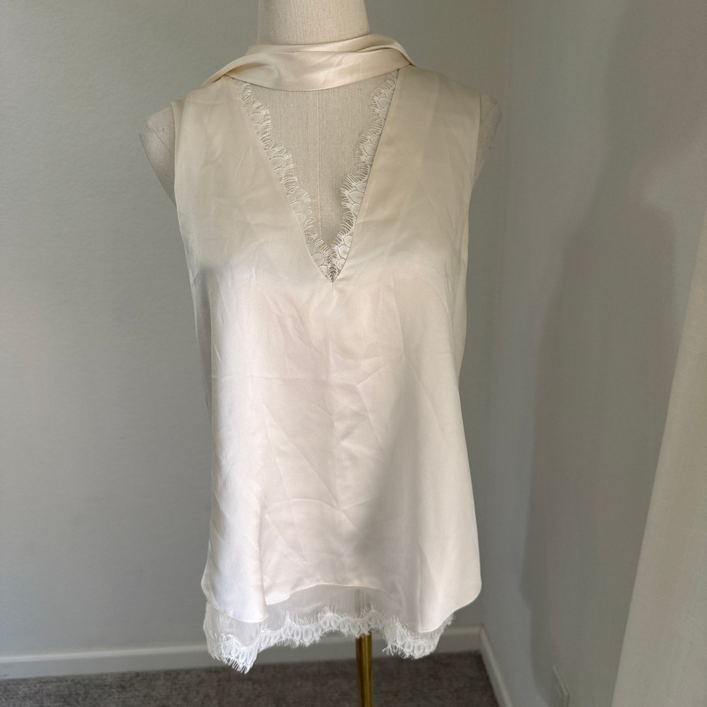 Jonathan Simkhai Ivory 100% Silk Eyelet Scarf Tie Top Medium Ethereal Lingerie